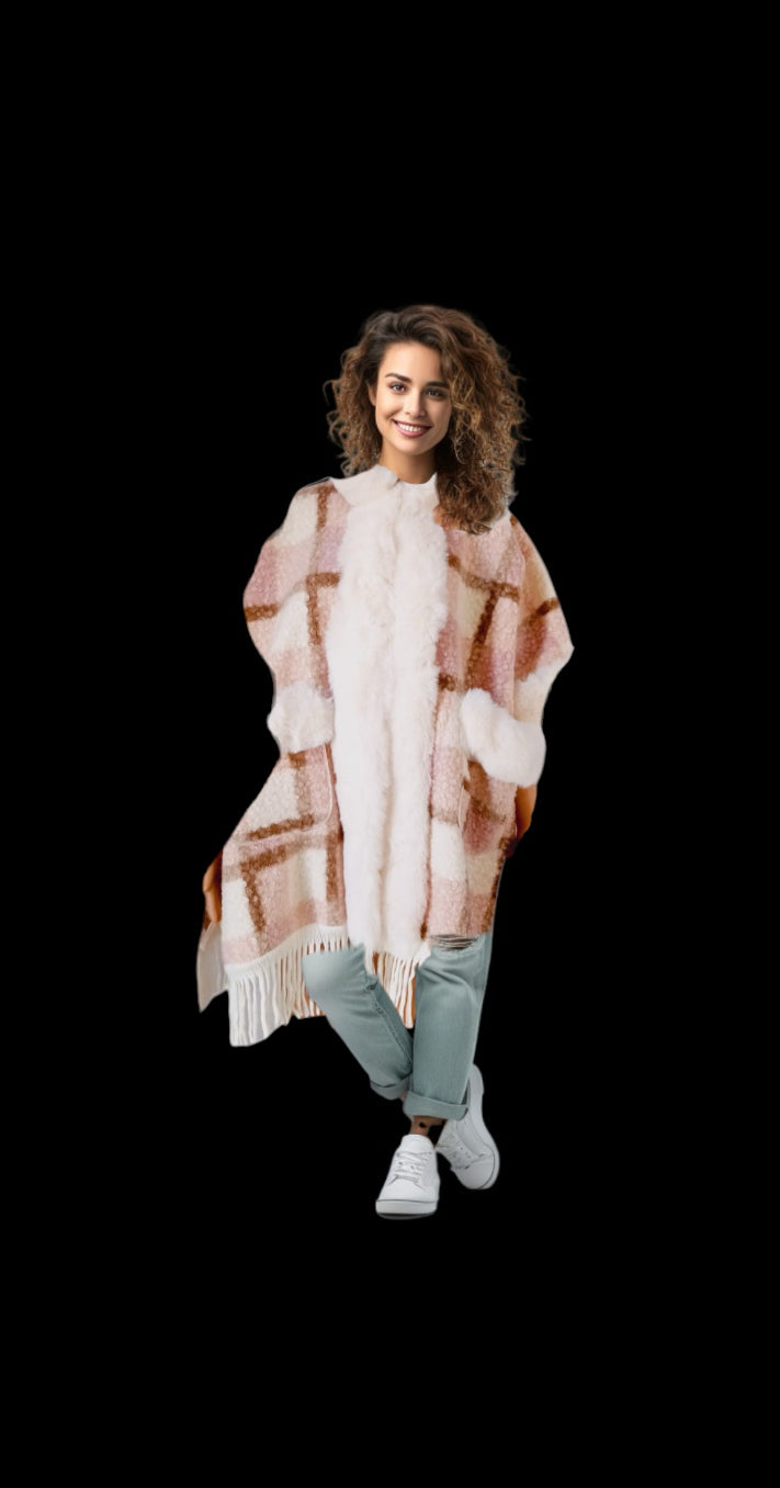 Wool hooded poncho with pockets