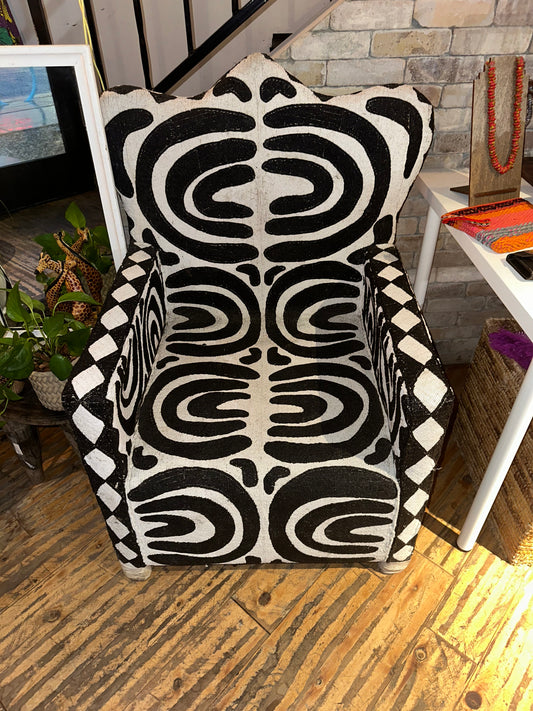 African Yoruba Tribe Beaded Chair Black White Geometric Design