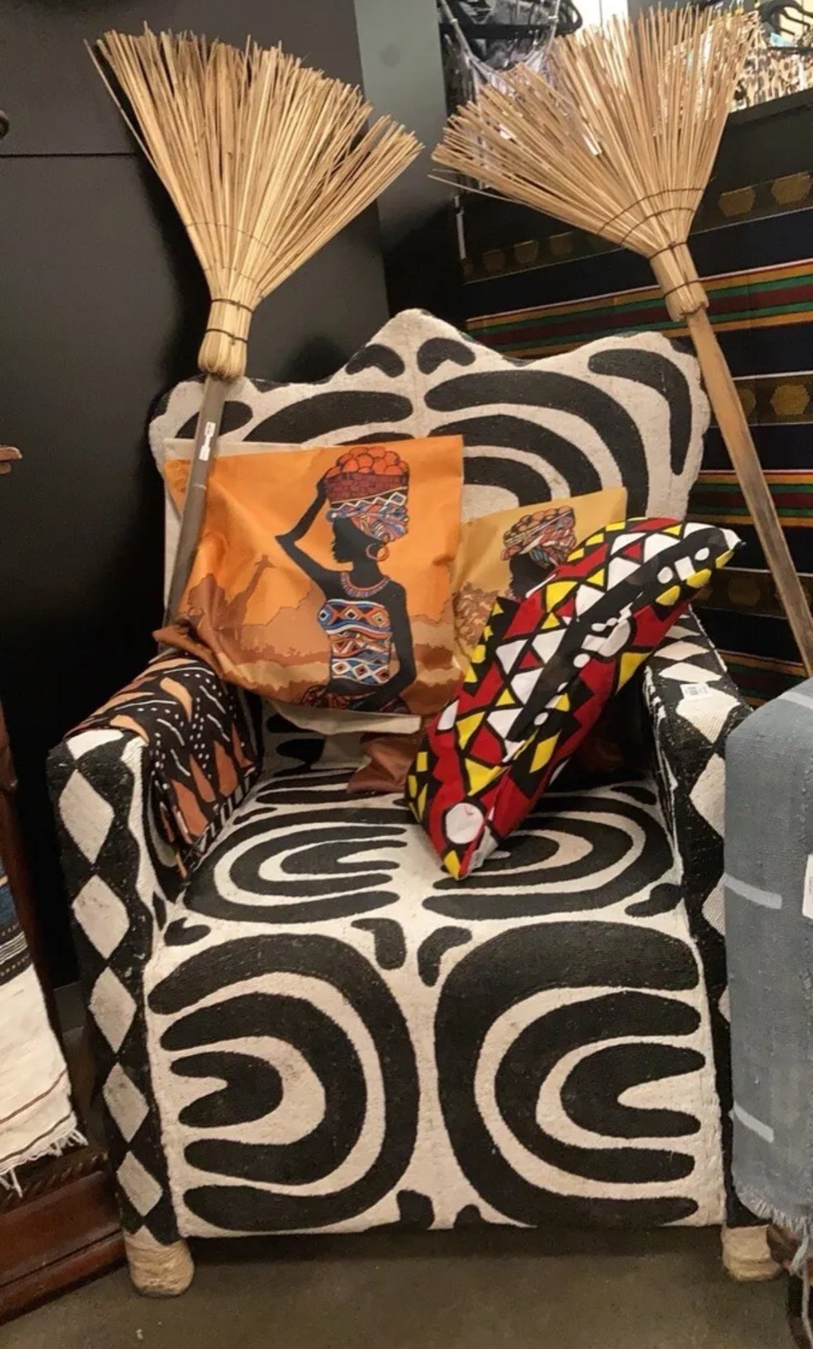 African Yoruba Tribe Beaded Chair Black White Geometric Design