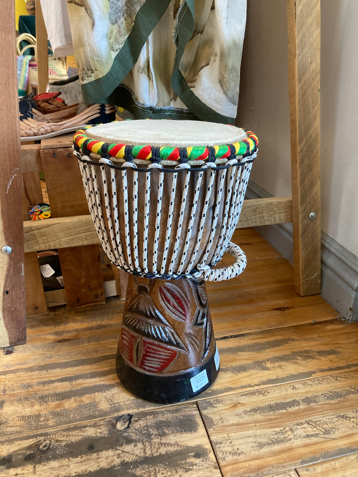 Teranga Africa/Choose Senegal hand-carved wooden djembe drum with goatskin head and colorful braided cord trim