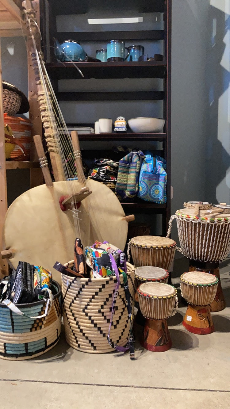 Teranga Africa/Choose Senegal hand-carved wooden djembe drums with goatskin heads and braided cord tuning