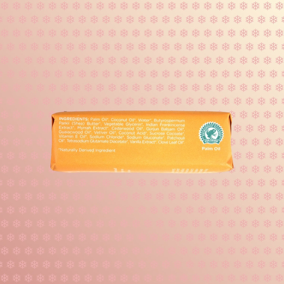 Teranga Africa/Choose Senegal handcrafted soap bar showing natural ingredients list and Rainforest Alliance seal