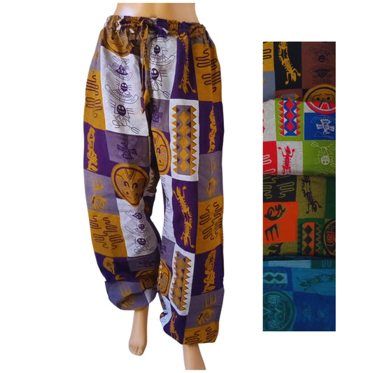 Teranga Africa/Choose Senegal unisex cotton lounge pants featuring a vibrant multi-colored patchwork tribal print