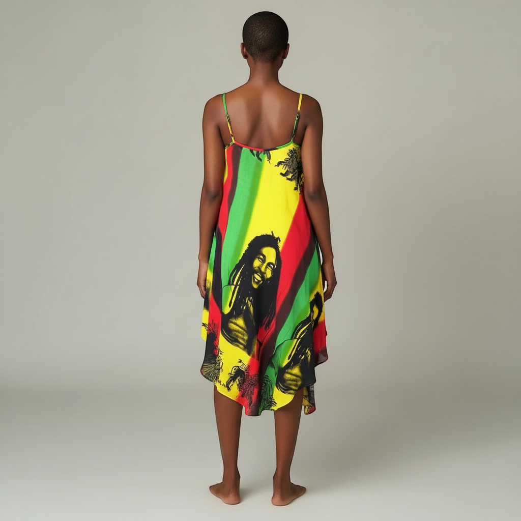 Teranga Africa/Choose Senegal rayon Rasta dress with vibrant stripes and portrait print, back view on a model