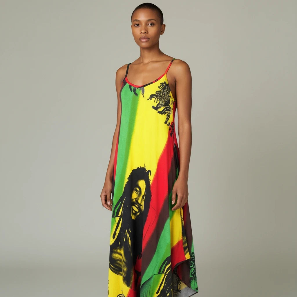 Teranga Africa/Choose Senegal rayon Rasta dress with vibrant red, yellow, and green print and adjustable straps