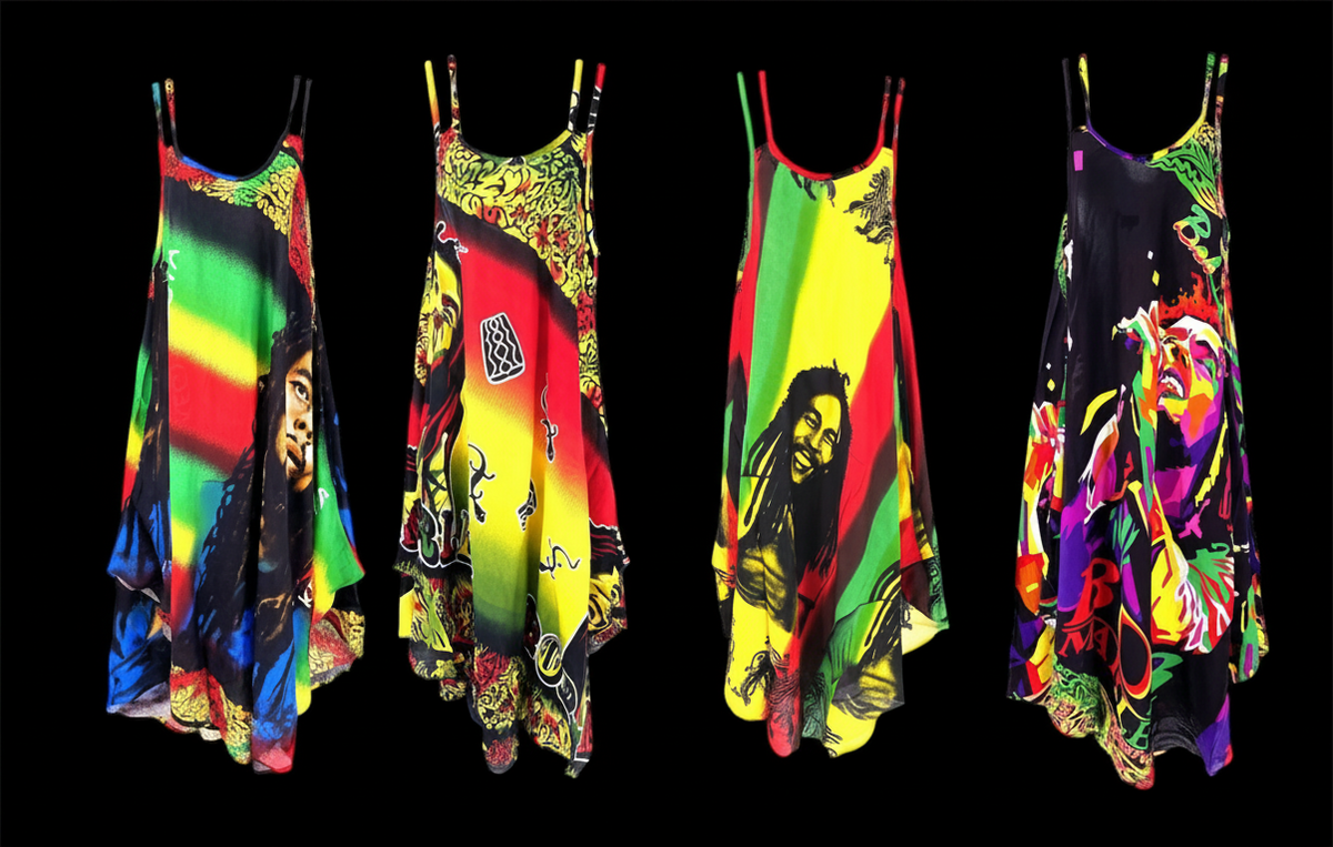 Teranga Africa/Choose Senegal rayon rasta dress with vibrant colors, adjustable straps, and flowy silhouette