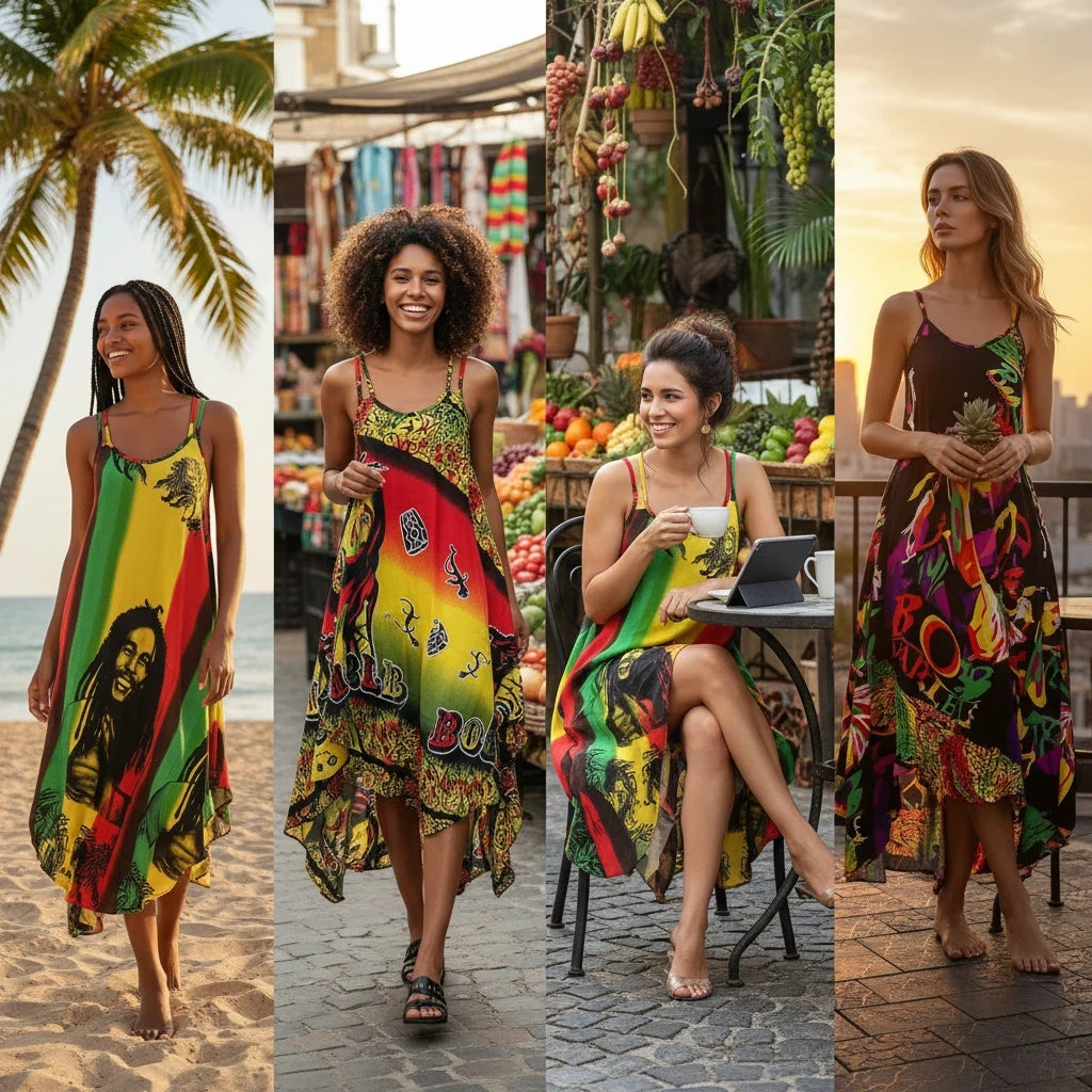 Teranga Africa/Choose Senegal rayon rasta dress with vibrant colors and flowy silhouette worn by models in various settings