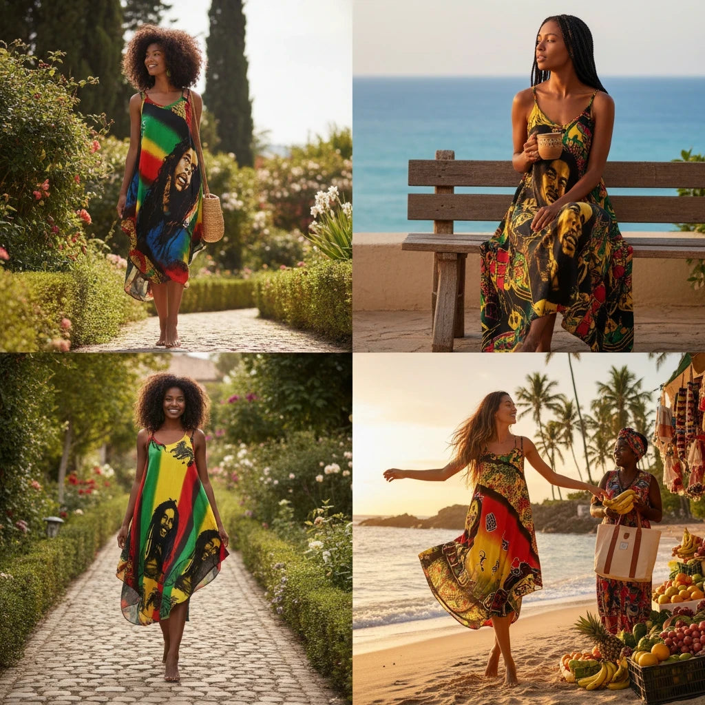 Teranga Africa/Choose Senegal rayon Rasta dress with vibrant colors, adjustable straps, and a flowy silhouette.