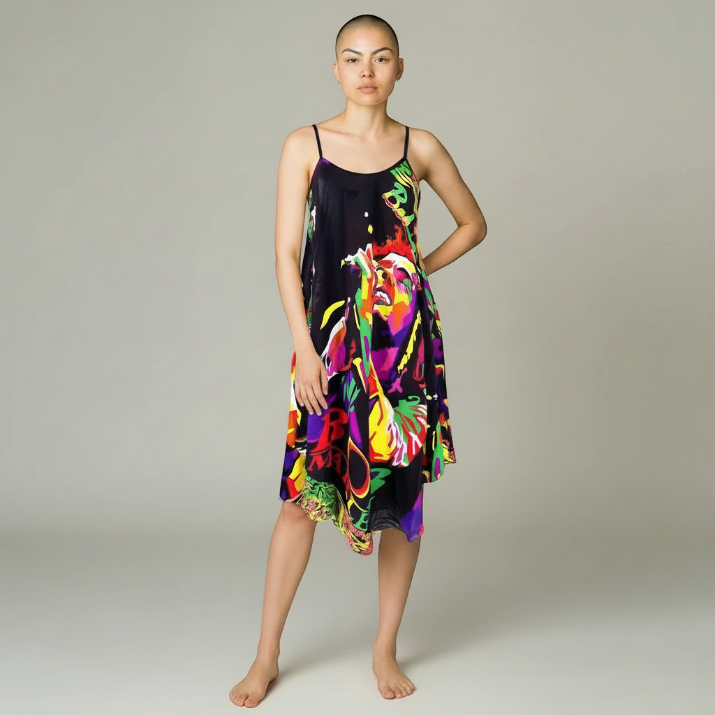 Teranga Africa/Choose Senegal rayon rasta dress with vibrant graphic print, adjustable straps, and flowy silhouette.