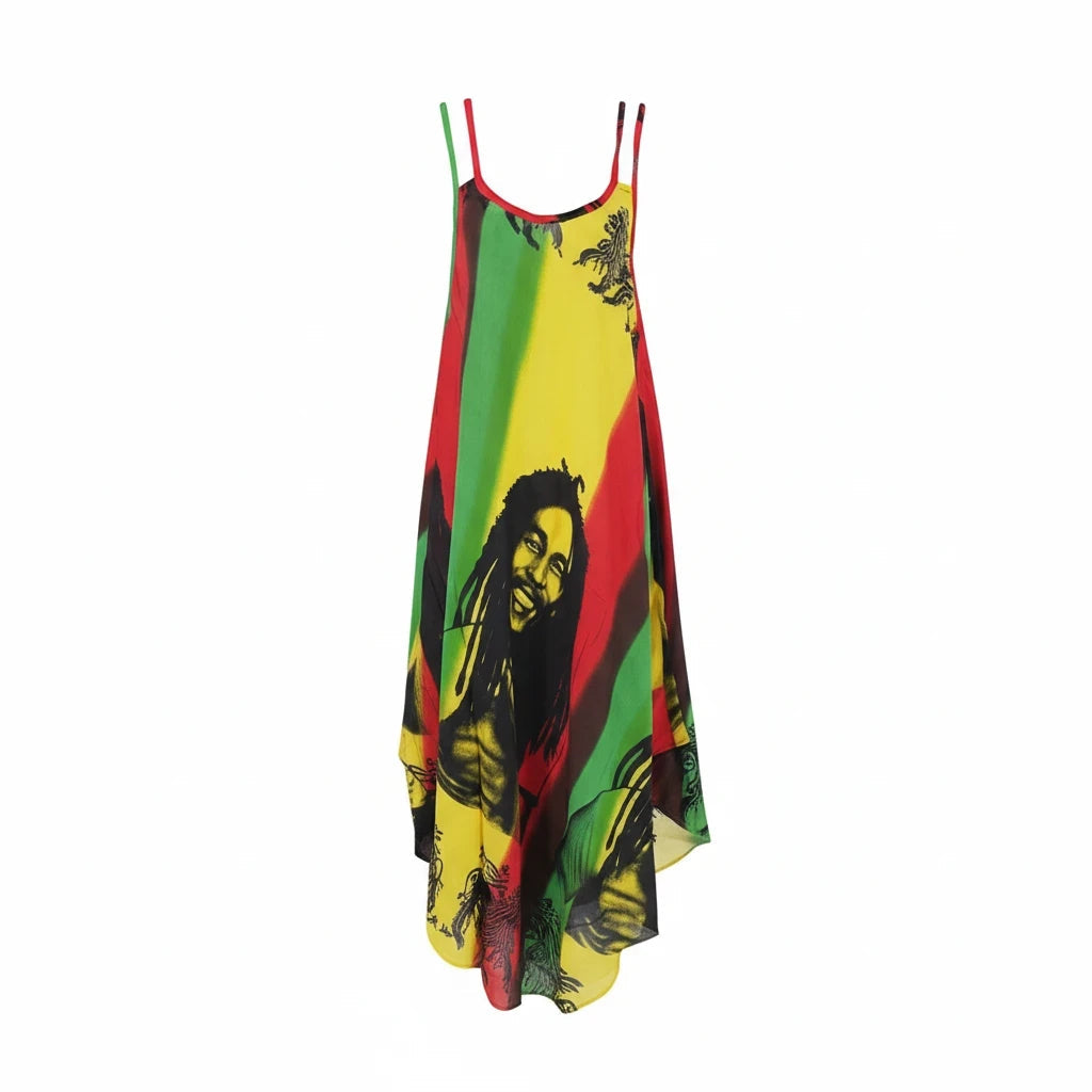 Teranga Africa/Choose Senegal flowy rayon Rasta dress with vibrant red, yellow, and green print and adjustable straps.